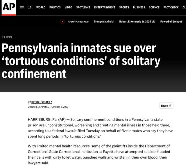 Pennsylvania inmates sue over ‘tortuous conditions’ of solitary confinement