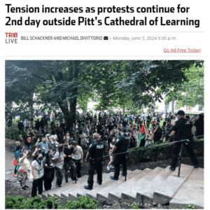 Tension increases as protests continue for 2nd day outside Pitt's Cathedral of Learning