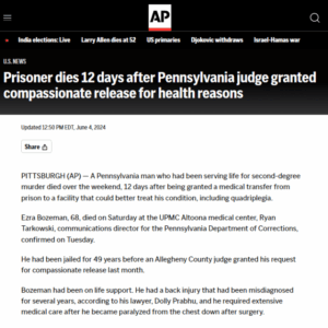 Prisoner dies 12 days after Pennsylvania judge granted compassionate release for health reasons