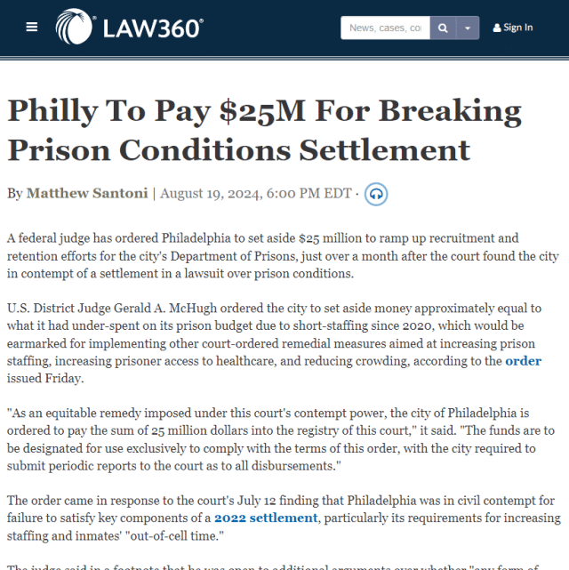 Philly To Pay $25M For Breaking Prison Conditions Settlement