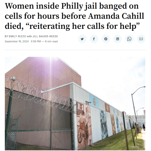 Women inside Philly jail banged on cells for hours before Amanda Cahill died, “reiterating her calls for help”