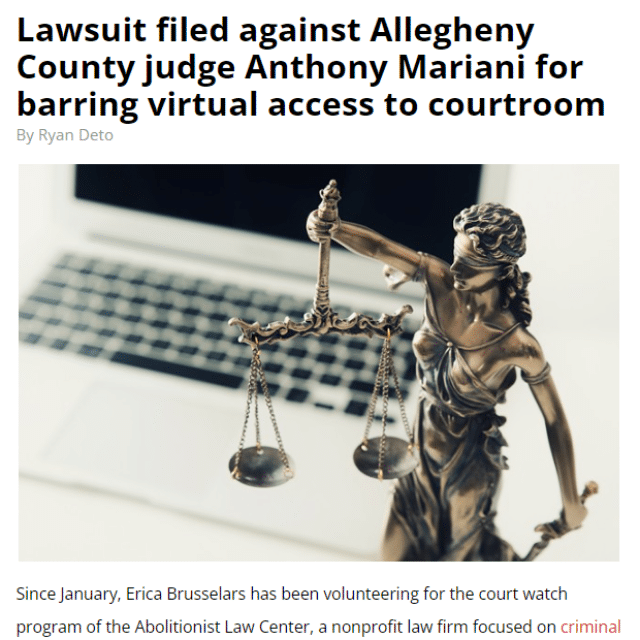 Lawsuit filed against Allegheny County judge Anthony Mariani for barring virtual access to courtroom