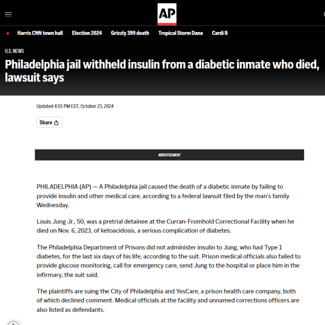 Philadelphia jail withheld insulin from a diabetic inmate who died, lawsuit says