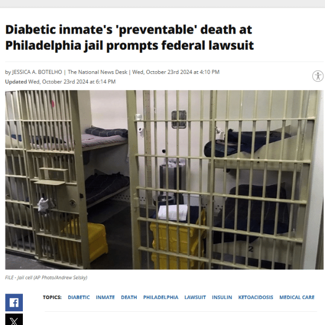 Diabetic inmate's 'preventable' death at Philadelphia jail prompts federal lawsuit