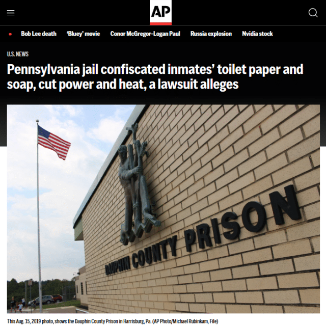 Pennsylvania jail confiscated inmates’ toilet paper and soap, cut power and heat, a lawsuit alleges