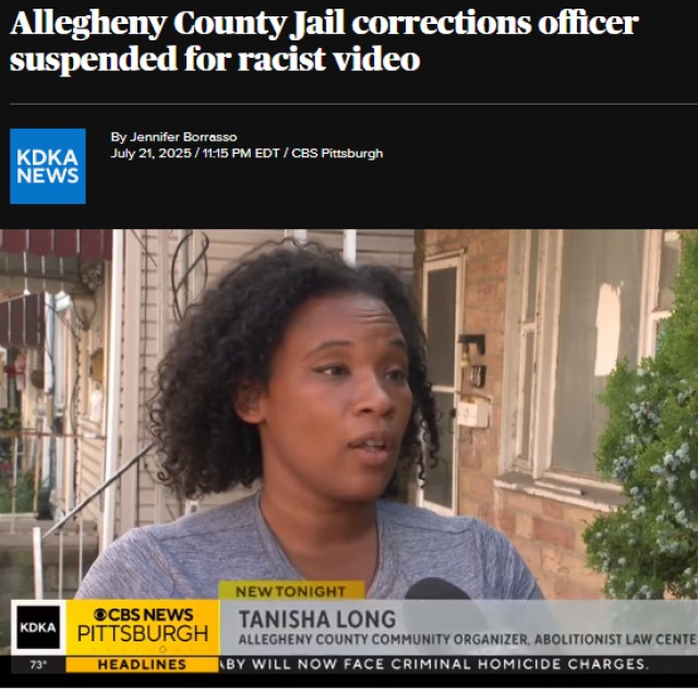 Allegheny County Jail corrections officer suspended for racist video