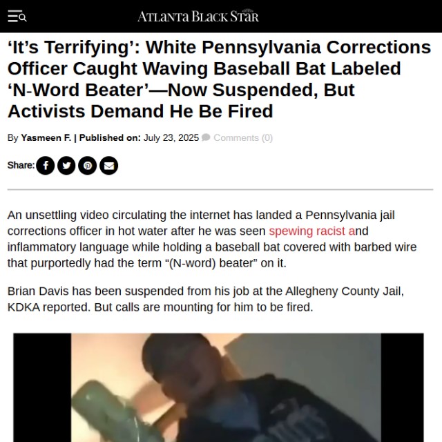 ‘It’s Terrifying’: White Pennsylvania Corrections Officer Caught Waving Baseball Bat Labeled ‘N‑Word Beater’—Now Suspended, But Activists Demand He Be Fired