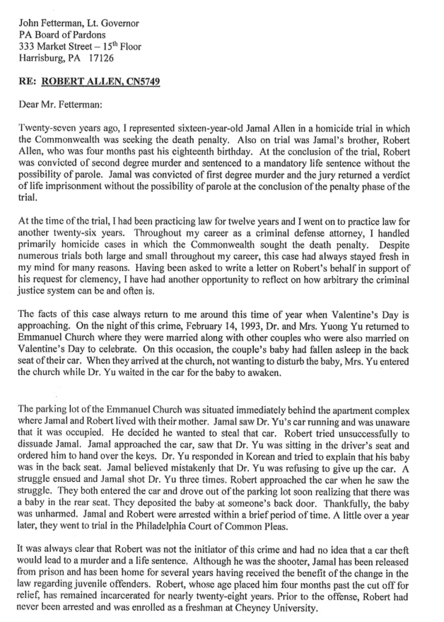 page 1 of 2021 letter to Lt. Governor Fetterman in support of Robert Allen's character from Robert's brother's former lawyer
