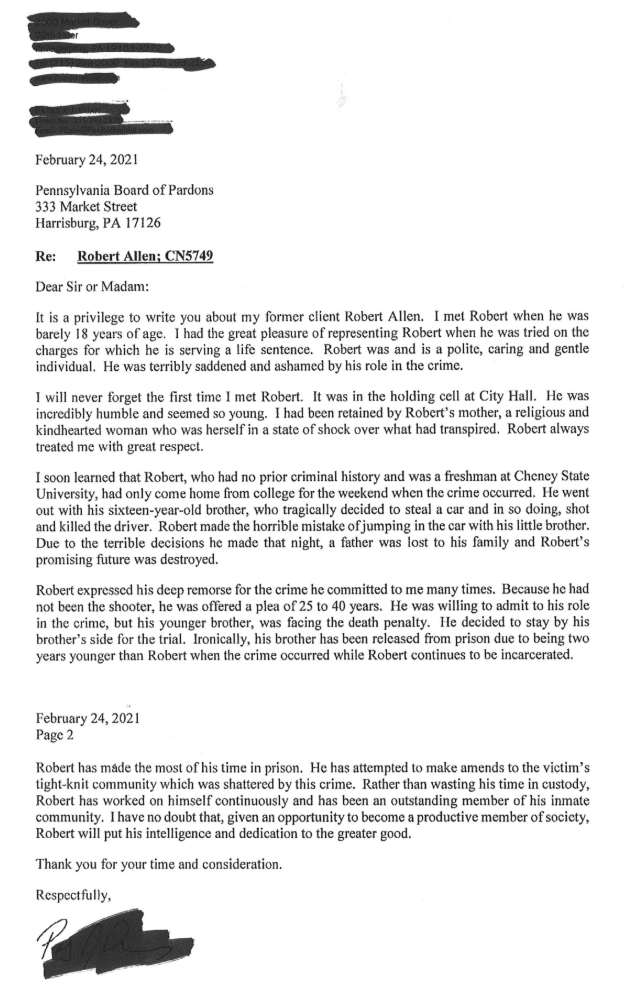 2021 letter to the PA Board of Pardons in support of Robert Allen's character from his former lawyer