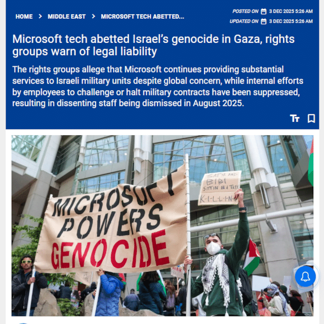 Microsoft tech abetted Israel’s genocide in Gaza, rights groups warn of legal liability