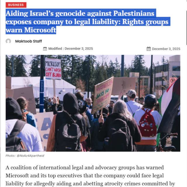 Aiding Israel’s genocide against Palestinians exposes company to legal liability: Rights groups warn Microsoft