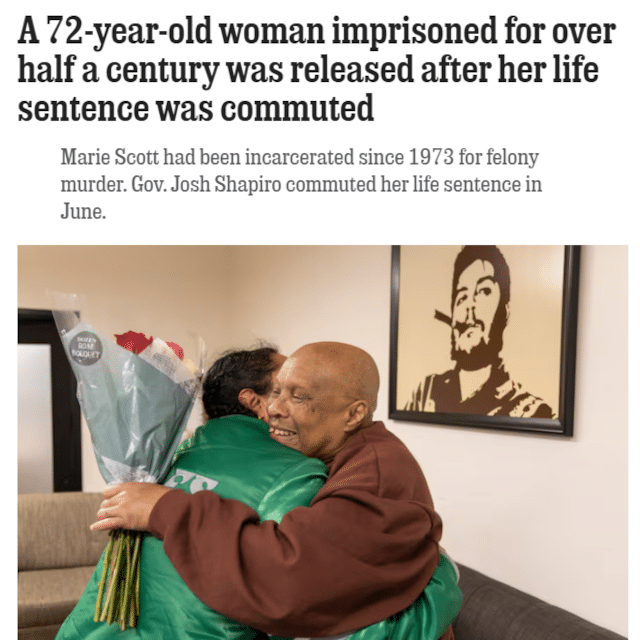 A 72-year-old woman imprisoned for over half a century was released after her life sentence was commuted