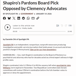Shapiro’s Pardons Board Pick Opposed by Clemency Advocates