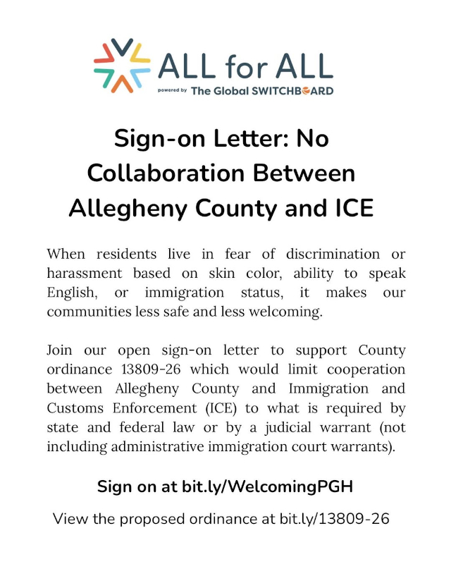 Feb. 10: No ICE Collaboration Between Allegheny County and ICE – New ordinance