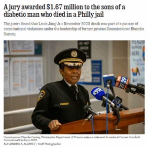 A jury awarded $1.67 million to the sons of a diabetic man who died in a Philly jail