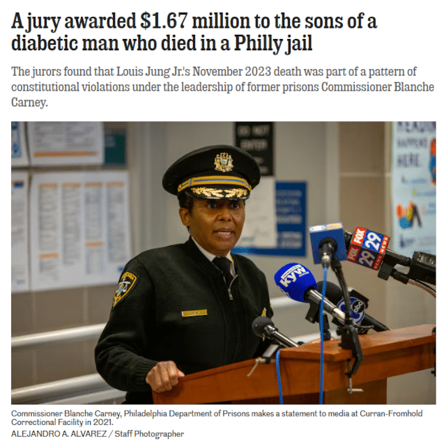 A jury awarded $1.67 million to the sons of a diabetic man who died in a Philly jail