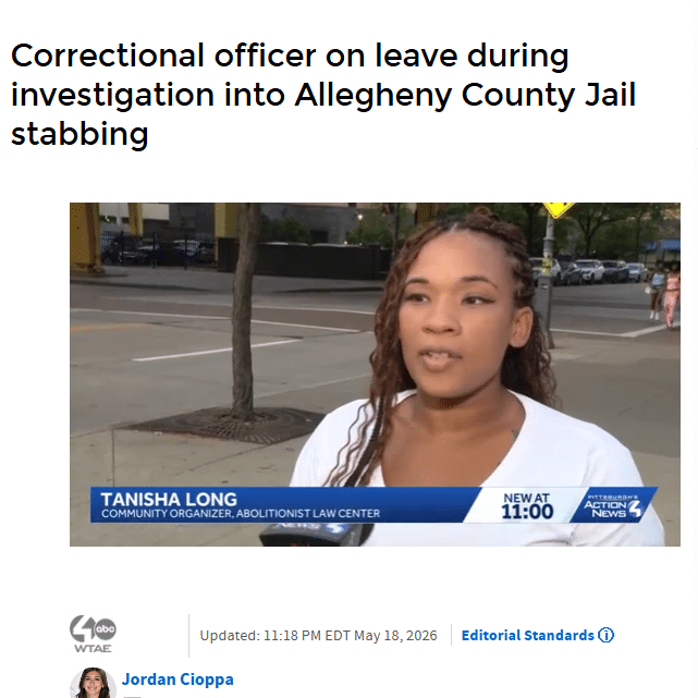 Correctional officer on leave during investigation into Allegheny County Jail stabbing