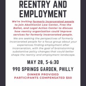 May 28: Focus Group on Reentry and Employment