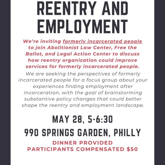 May 28: Focus Group on Reentry and Employment