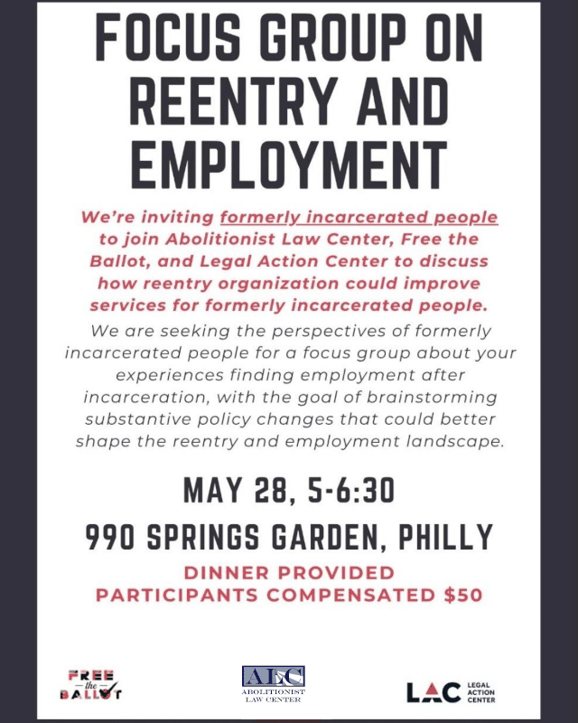 May 28: Focus Group on Reentry and Employment